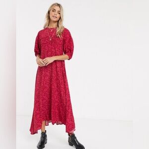 Free People Puff Sleeve Floral Print Midi Dress Red Pink Flowy Modest Size 0